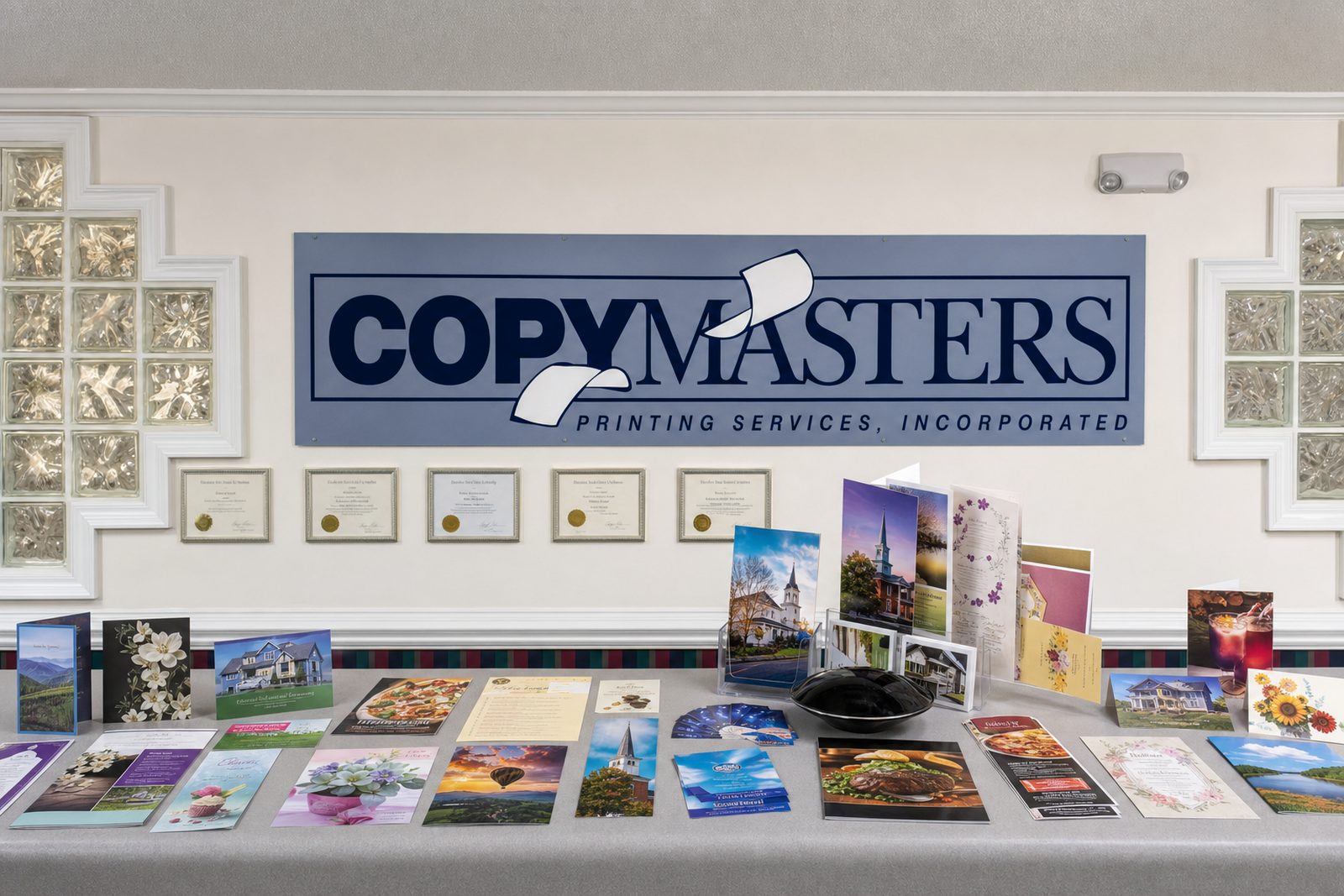 The CopyMasters front counter covered in printed samples - flyers, menus, cards and booklets - under the shop sign