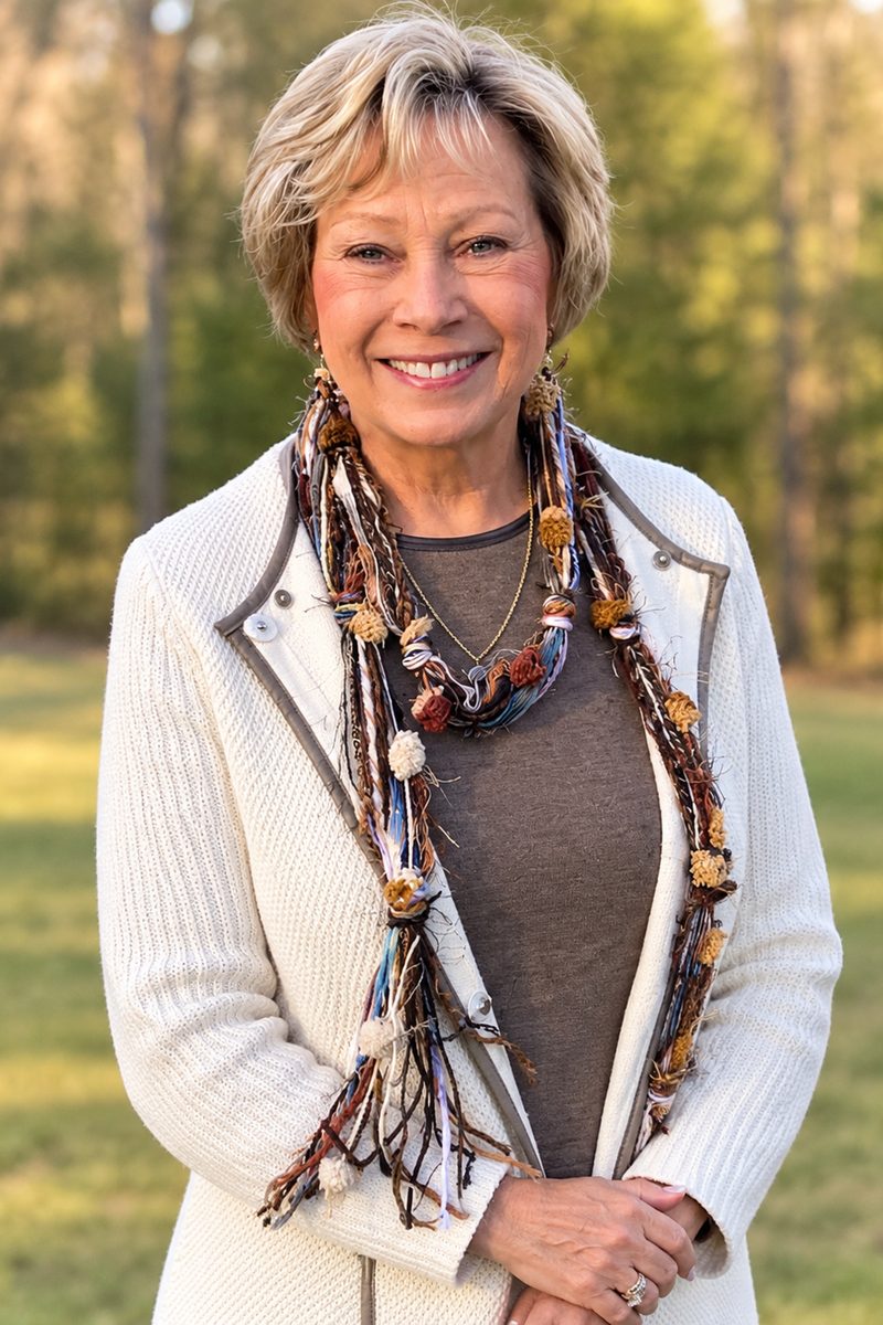 Sandy Mangum, smiling, outdoors in a cream cardigan