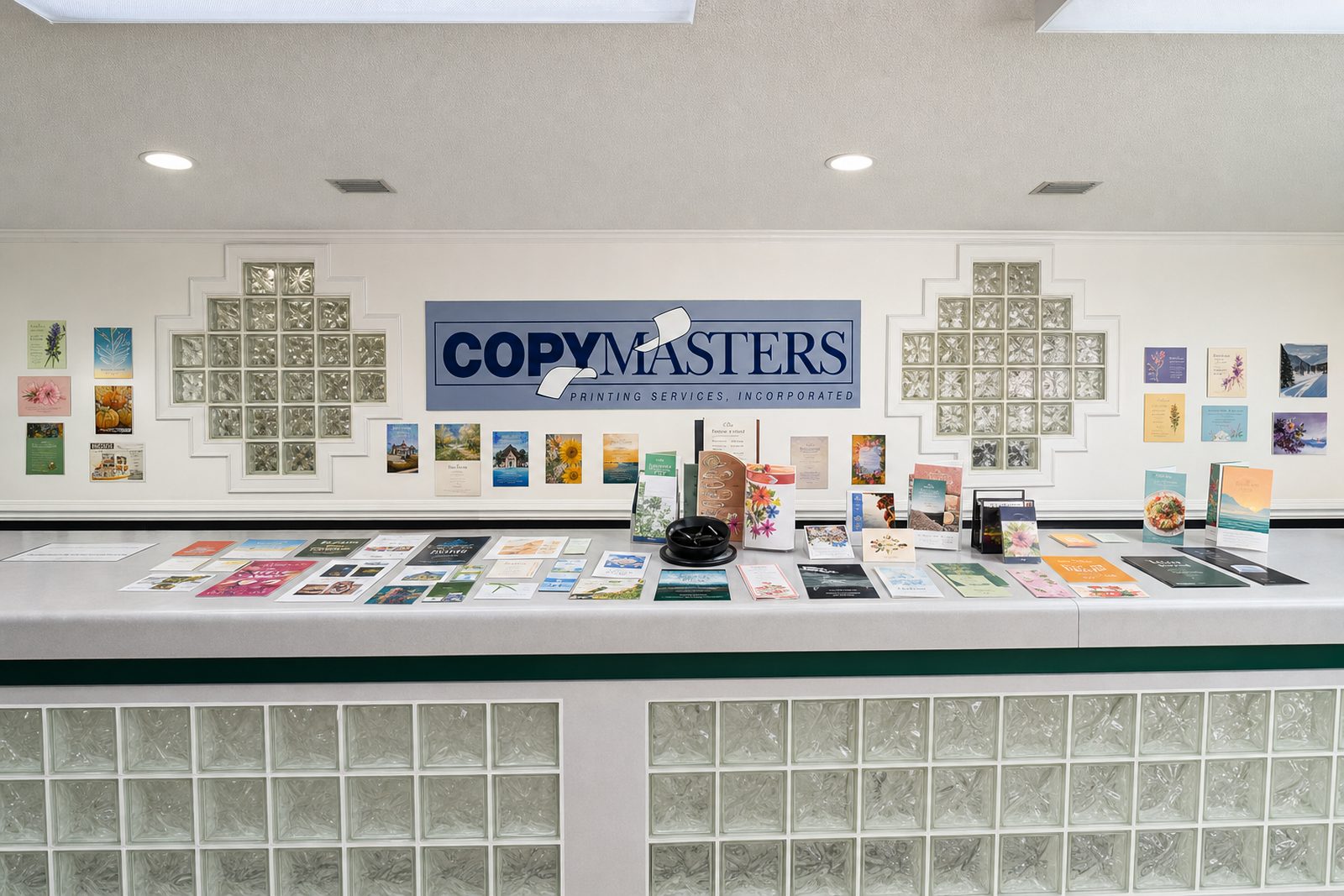 The long CopyMasters front counter with glass-block panels, printed samples out on top and the shop sign on the wall behind
